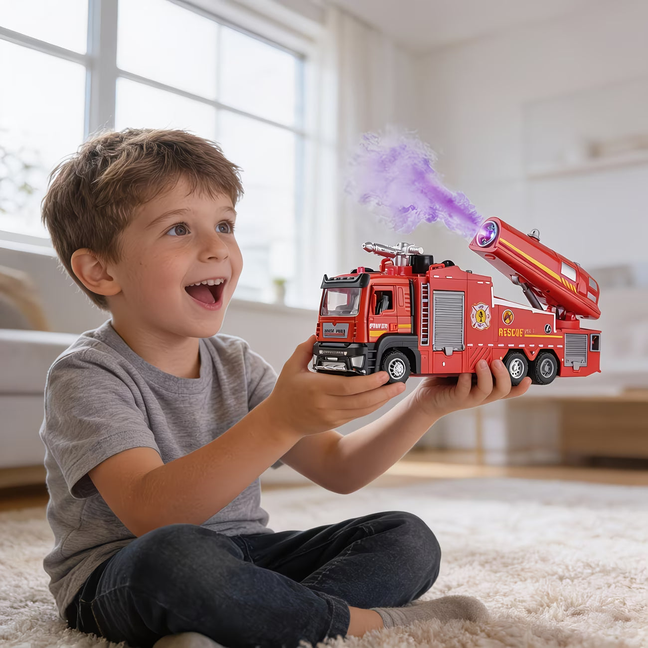 🚒✨ Multifunctional Red Alloy Fire Truck Toy with Water Spray, Mist, Sound & Lights 🚨💦 -🚒✨ لعبة شاحنة إطفاء حمراء متعددة الوظائف مصنوعة من سبيكة معدنية، مزودة برذاذ الماء والضباب والصوت والأضواء 🚨💦