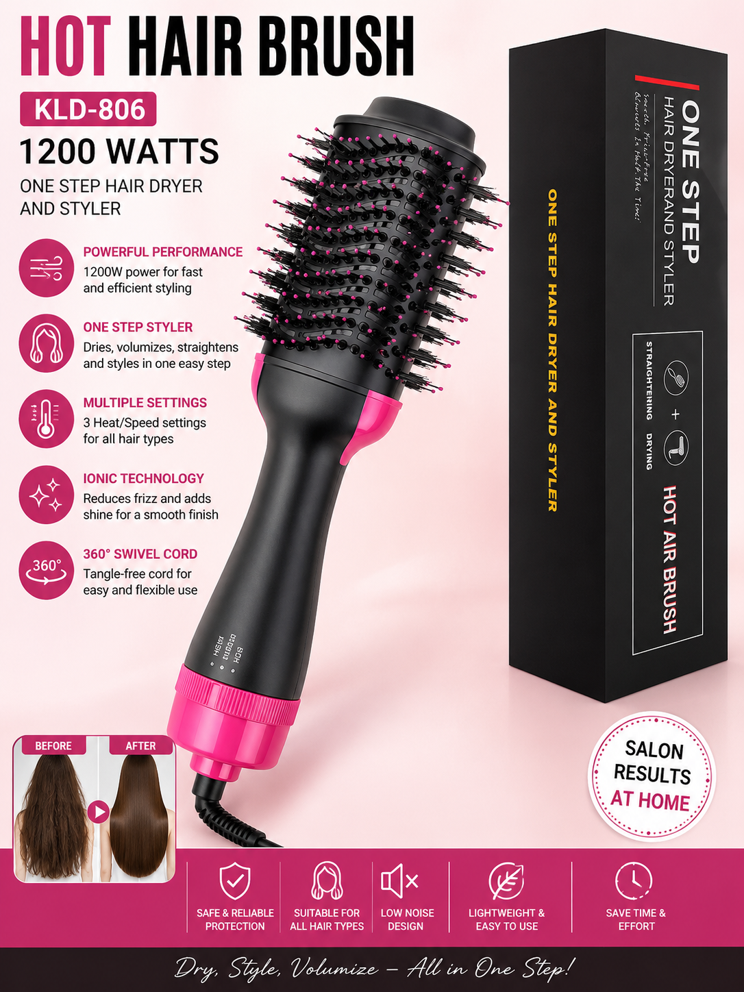 ✅ HOT Hair Brush 1200 Watts KLD-806 – One Step Volumizer & Hair Styler - ✅ فرشاة شعر ساخنة بقوة 1200 واط KLD-806 – أداة تكثيف وتصفيف الشعر بخطوة واحدة