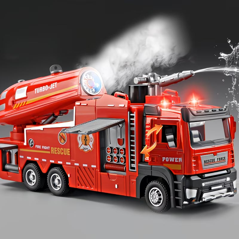 🚒✨ Multifunctional Red Alloy Fire Truck Toy with Water Spray, Mist, Sound & Lights 🚨💦 -🚒✨ لعبة شاحنة إطفاء حمراء متعددة الوظائف مصنوعة من سبيكة معدنية، مزودة برذاذ الماء والضباب والصوت والأضواء 🚨💦